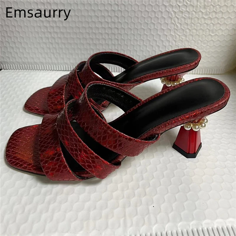 

Unique Pearl Beads Decor Strange Heel Mules Summer Serpentine Fretwork Band Slingbacks Sandals For Girls Women