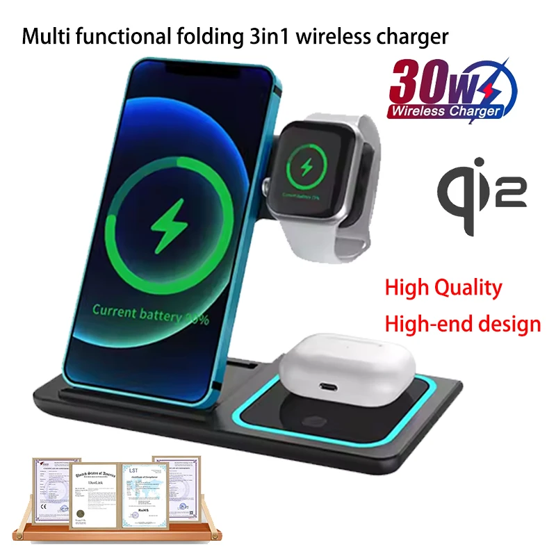 

Настольная складная подставка для беспроводного зарядного устройства 3 в 1, 30 Вт для Samsung iPhone 17 16 15 14 13 для Apple Watch Airpods, быстрая зарядка