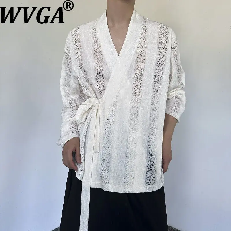 

WVGA Spring Summer New Men's Tide Lace-up Hollow Out Jacquard Trendy Long Sleeve Shirts Niche Chic Casual V-neck Tops Ins W20497