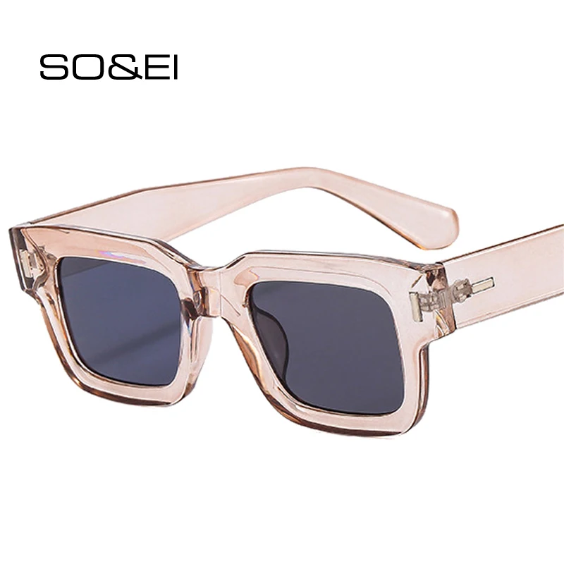 SO&EI Retro Punk Men Square Sunglasses Shades UV400 Fashion Clear Ocean Lens Eyewear Women Rivets Sun Glasses