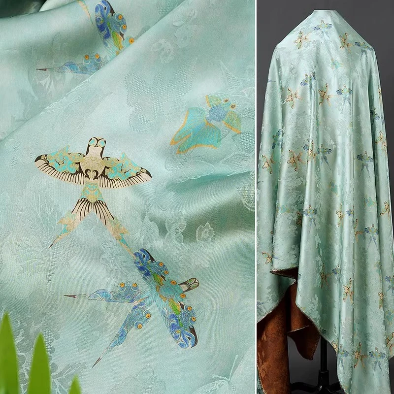 Light Cyan Swallow Kite Goldfish Print New Chinese Style Blouse Hanfu Dress Qipao Jacquard Blended DIY Fabric Clothing Textile