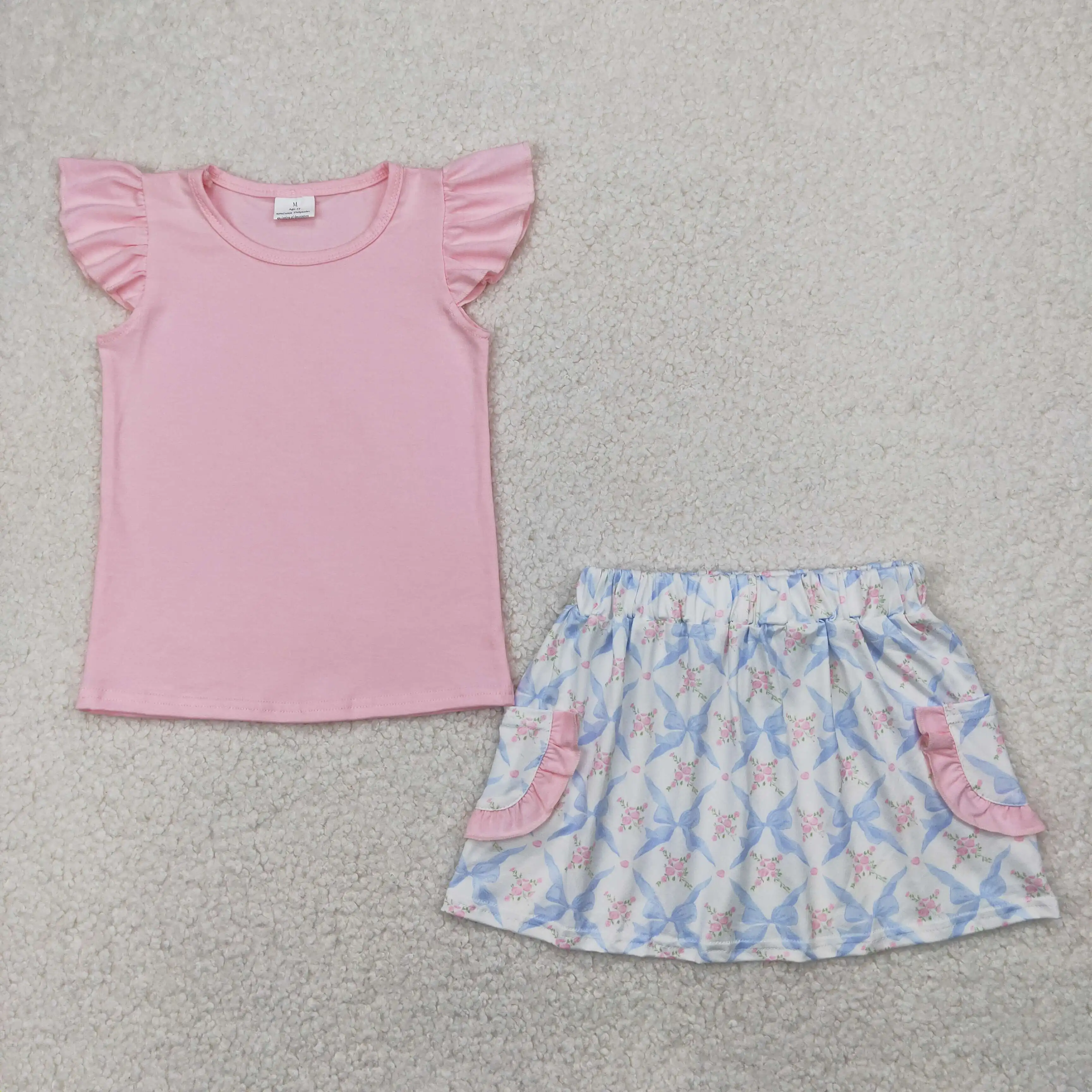 

RTS Baby girls fashion design children wholesale boutique Baby Girls Pink Flutter Sleeves Top Floral Bows Pockets Skirts outfits