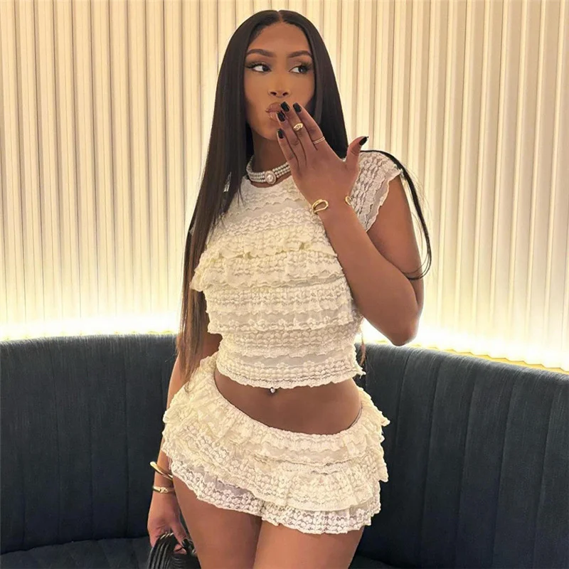 

Doyerl Женские комплекты из двух предметов с оборками Женский праздничный наряд Rave Укороченный топ с короткими рукавами на день рождения + шорты Одинаковый комплект Клубная одежда