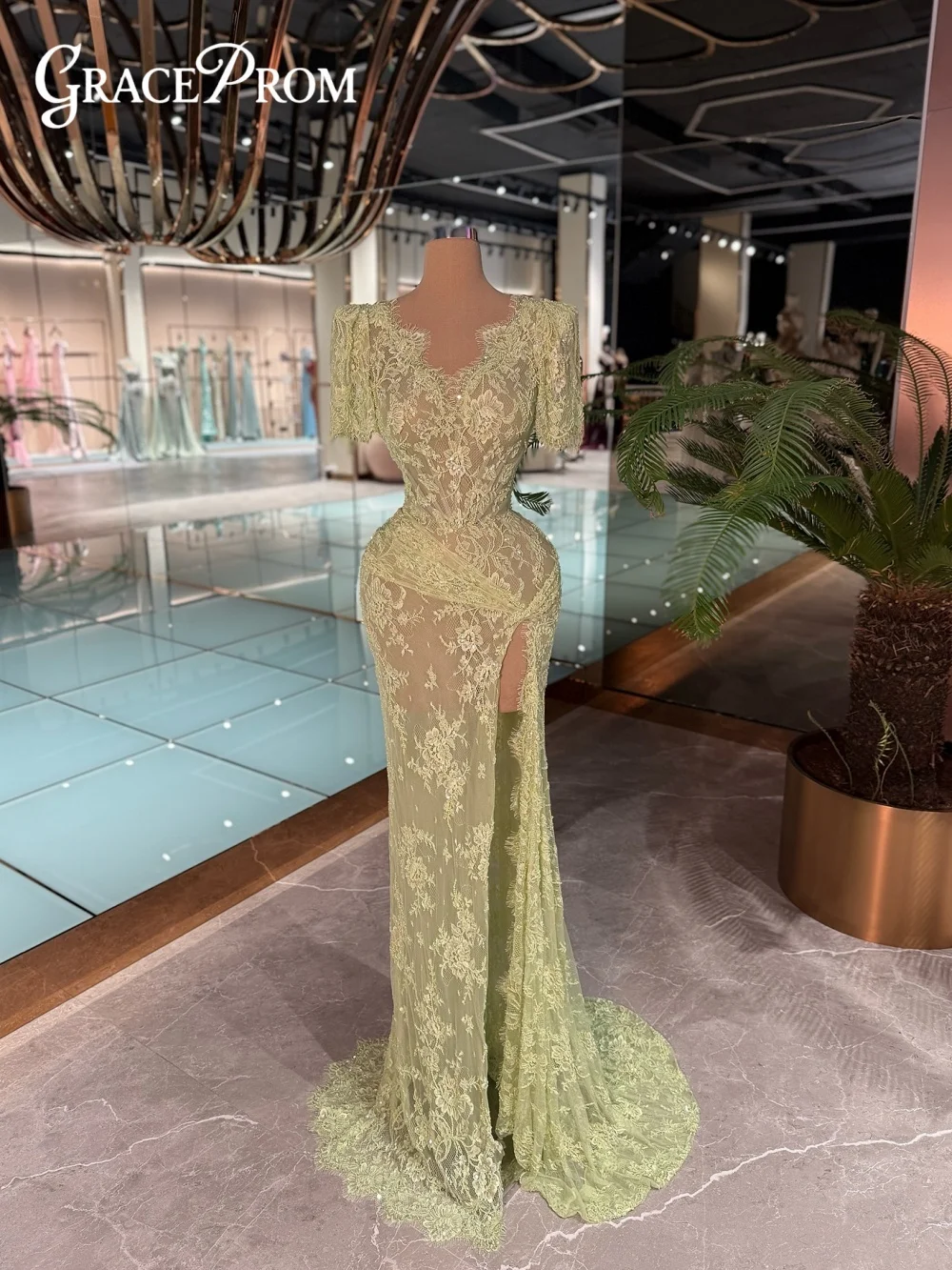 Vestido de noche Formal de manga corta, exquisito vestido de noche de encaje de corte A, vestido de fiesta hasta el suelo con abertura lateral Sexy