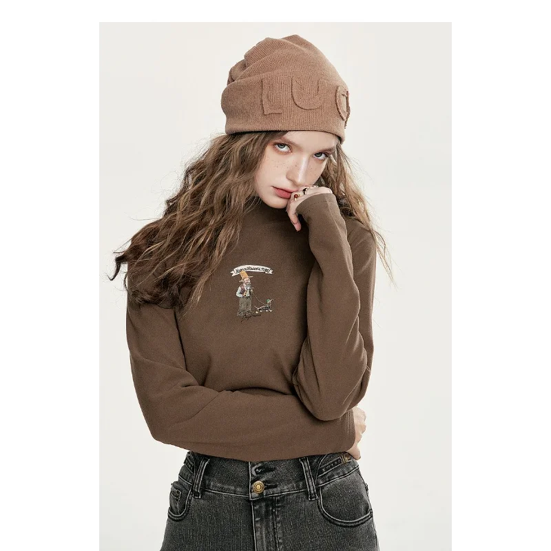 German Velvet Printed Half-high Collar Long-sleeved Bottoming T-shirt for Women 2025 Autumn and Winter Slim Warm Top