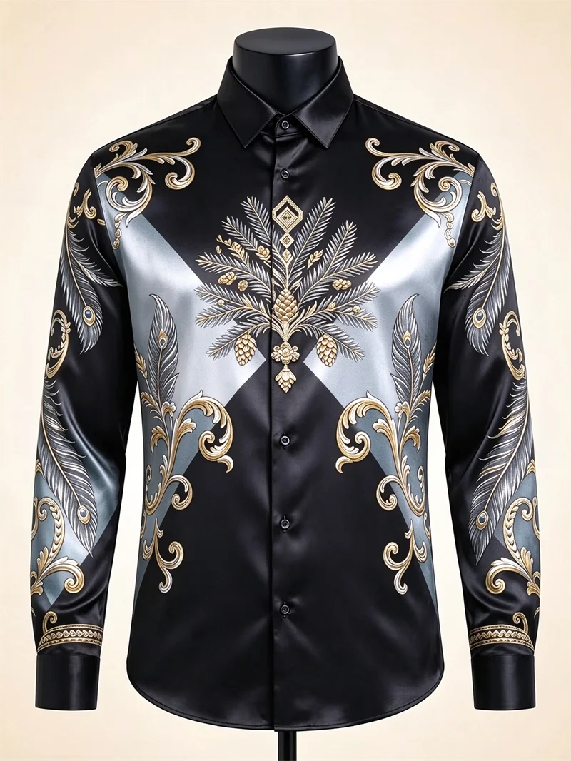 New men's shirt with blue purple satin, gold and silver rolls, grass pattern, diamond totem print, slim fit shirt