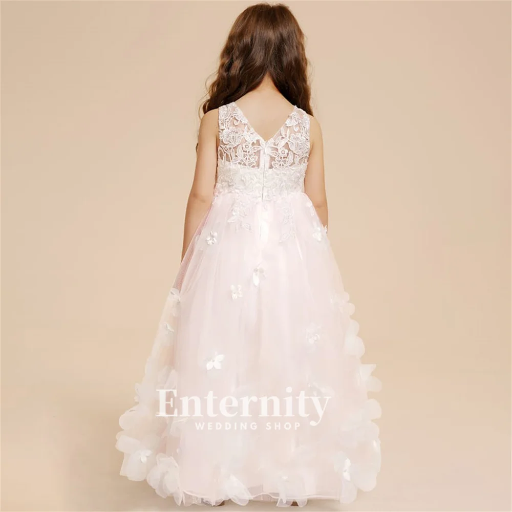 Vestido de niña personalizado, vestido de baile con cuello en V, vestido elegante de princesa hasta el suelo, Vestidos de novia de tul de encaje, Vestidos Para Niñas