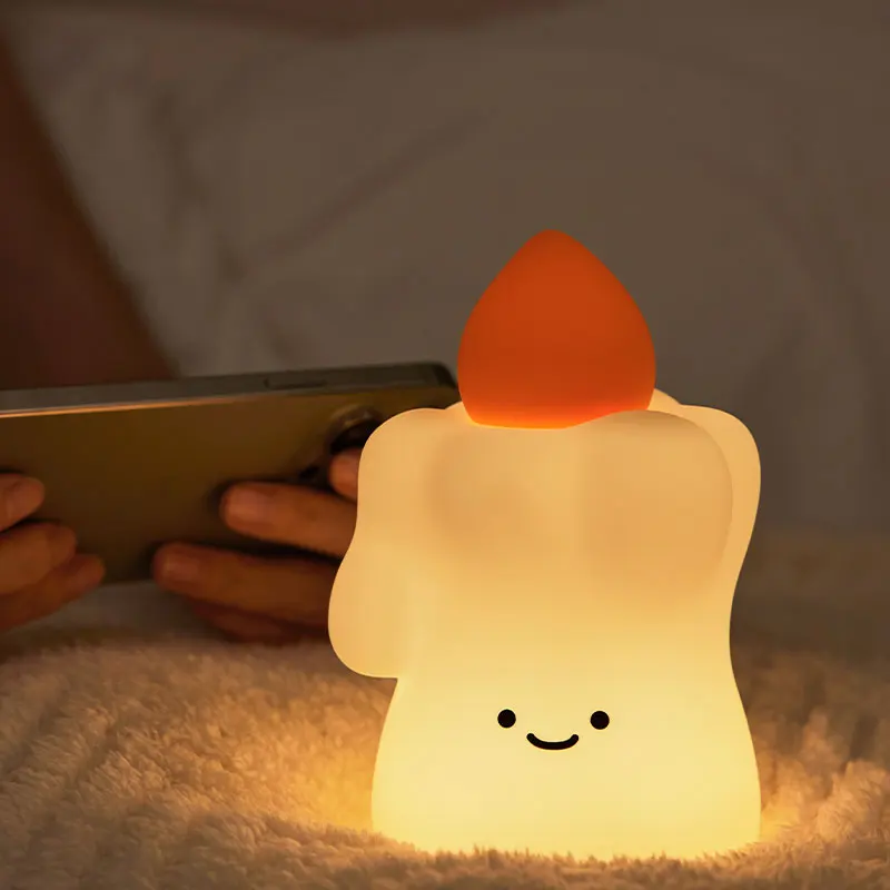 Adorable Candle-Shaped Silicone Night Light USB Rechargeable Soft Glow Lamp Touch Dimming Bedside Lamp for Kids Baby Nursery