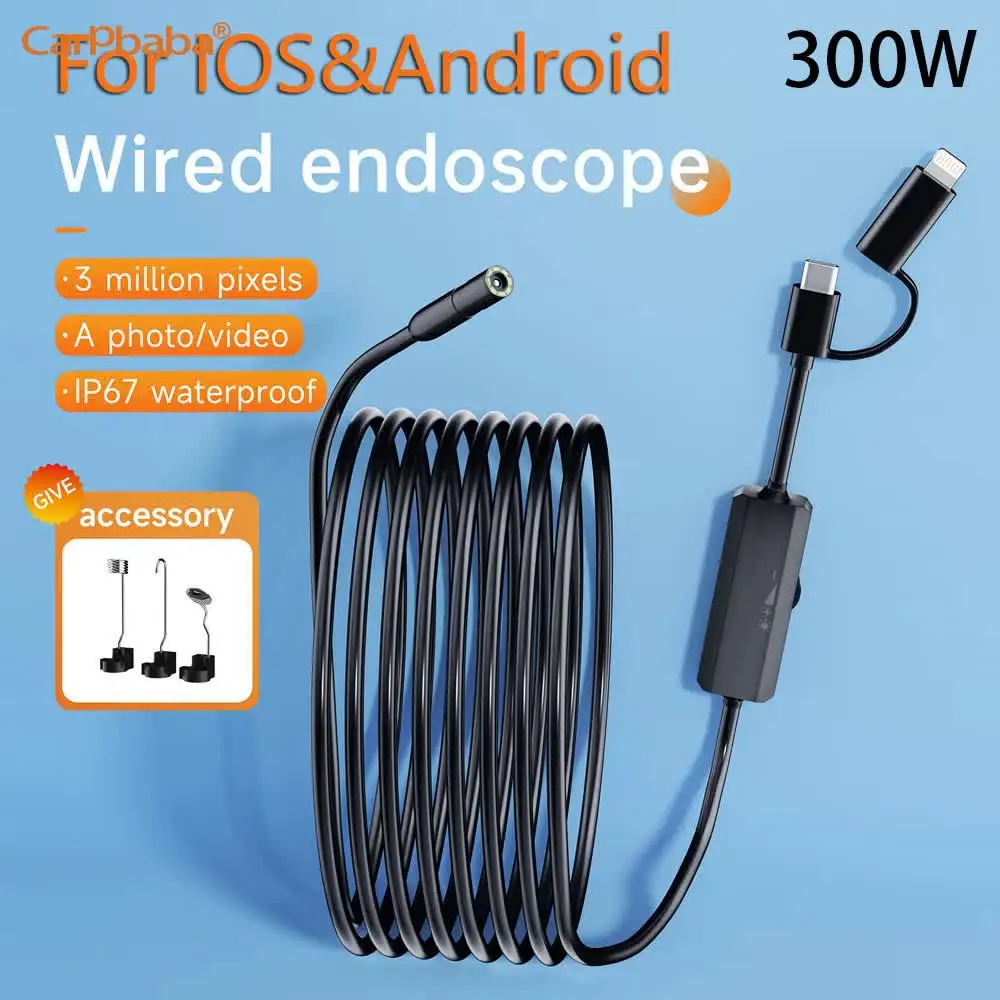 Carpbaba 300W Android Endoscope Inspection Camera 2 in 1 IOS Type-C Mini Camera for IOS iphone Waterproof Pipeline Borescope