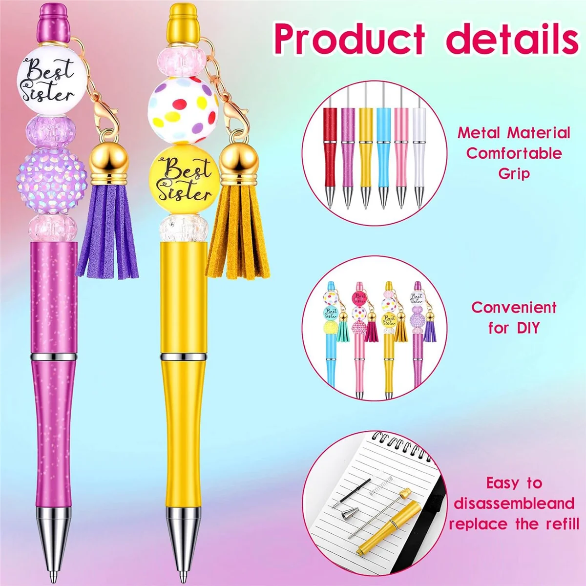 ADP-12 Pieces Beadable Pens Bulk Bead Pens with Assorted Colors Beads Pen DIY Making Kit Multicolor Ballpoint Pen for Kids