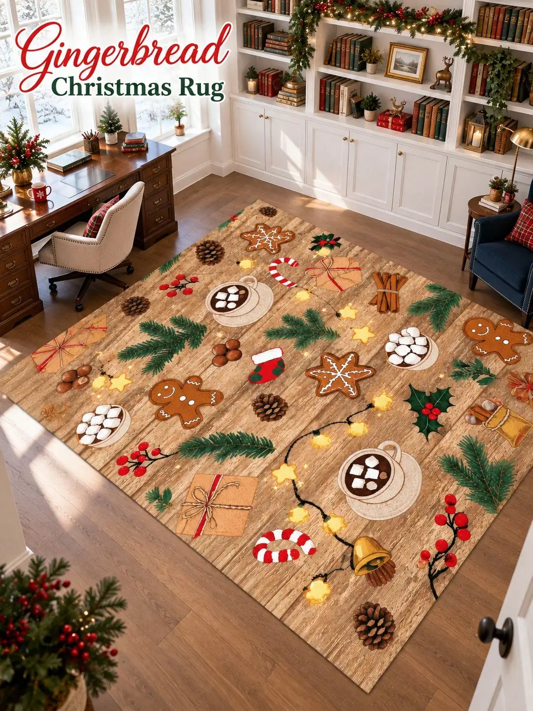 Christmas Rug Gingerbread Cookies Cocoa Living Room Bedroom Entryway Hallway Floor Carpet Gift for Family Friends Neighbors Winter Thanksgiving Birthday Anniversary Housewarming Apartment Cottage Home Styling Sofa Side Reading Nook Holiday Gathering