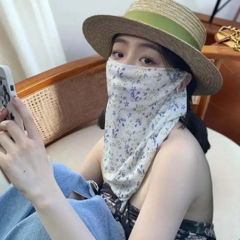 

Floral Summer Sunscreen Mask Full Face UV Protection Thin Face Veil Neck Cover For Women