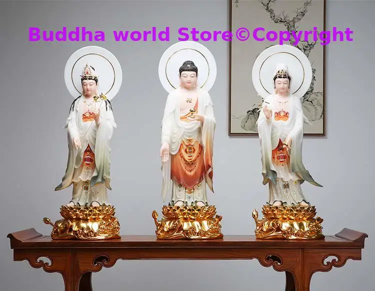 52cm 3P A set high grade jade XI FANG SANSHENG Shakyamuni Goddess Guan yin Mahasthamaprapta buddha HOME Shrine Protection statue