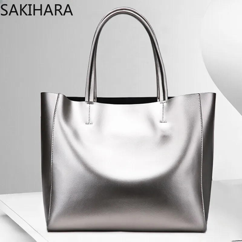 

2023 New Arrive Cow Leather Solid Color Simple Large Capacity Shoulder Bag for Women Soft Silver Temperament Tote Bags Mujer