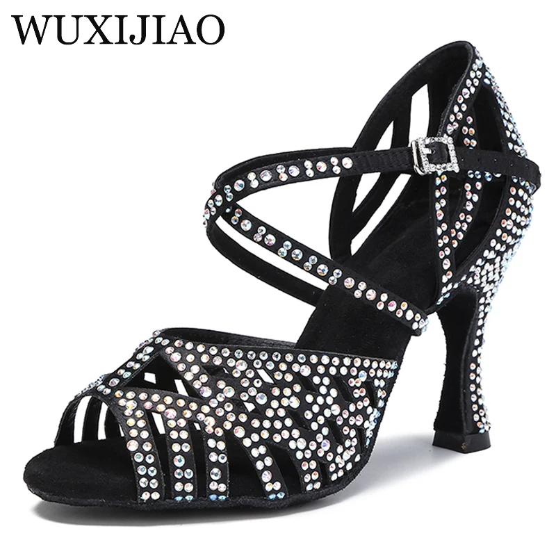 WUXIJIAO Rhinestone Satin Dance Shoes For Women Party Sandals Ballroom Latin Dance Red Soft Bottom Wedding