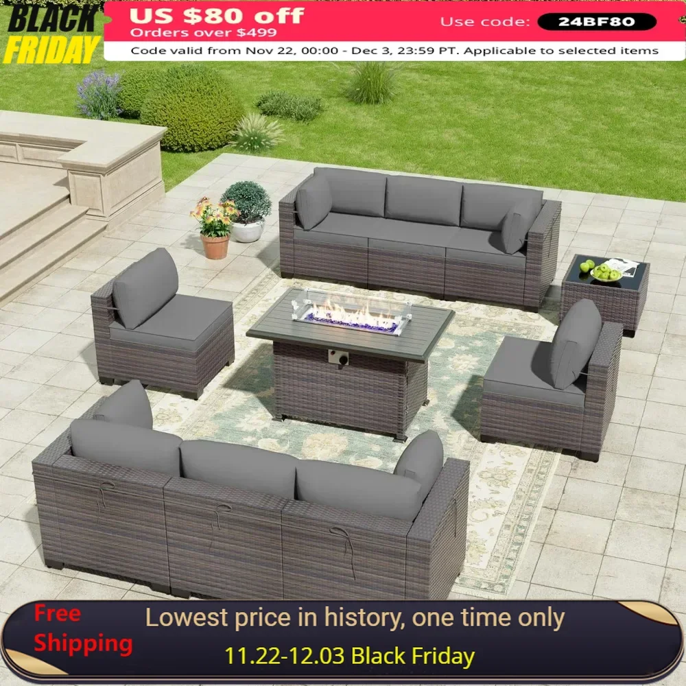 10 Pcs Outdoor Patio Furniture Set with 55000BTU Gas Propane Fire Pit Table,PE Wicker Rattan Sectional Sofa Conversation Sets