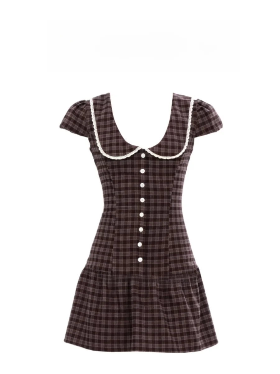 Ms XIDU Spicy Girl Estate Sweet Cool Academy Style American Farm Pattern Short Sleeve Turn-down Collar Waist-cinching Dress S...