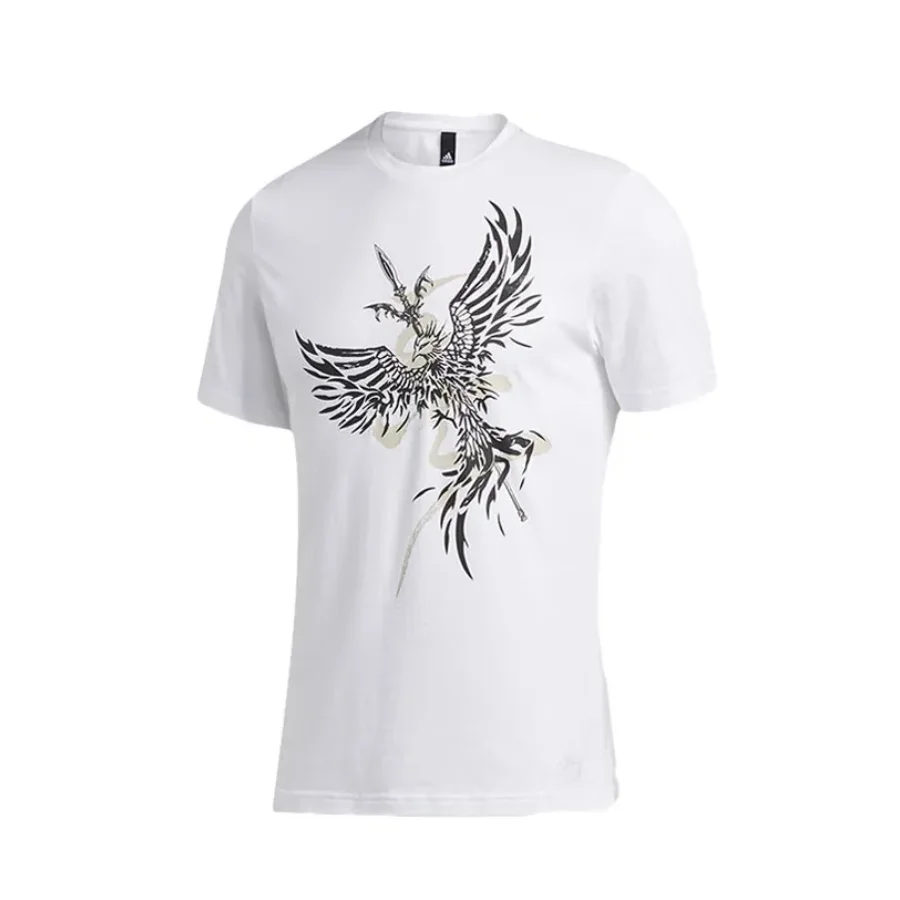 Adidas men's round neck sports comfort breathable T-shirt bird print short-sleeved top white