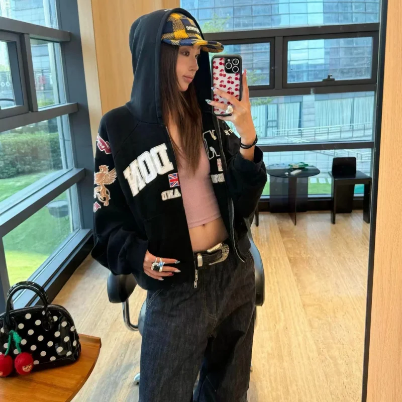 

Мужская винтажная толстовка Ailz 25ss с пэчворком, на молнии, свободного кроя, повседневная, удобная, с длинными рукавами и карманом