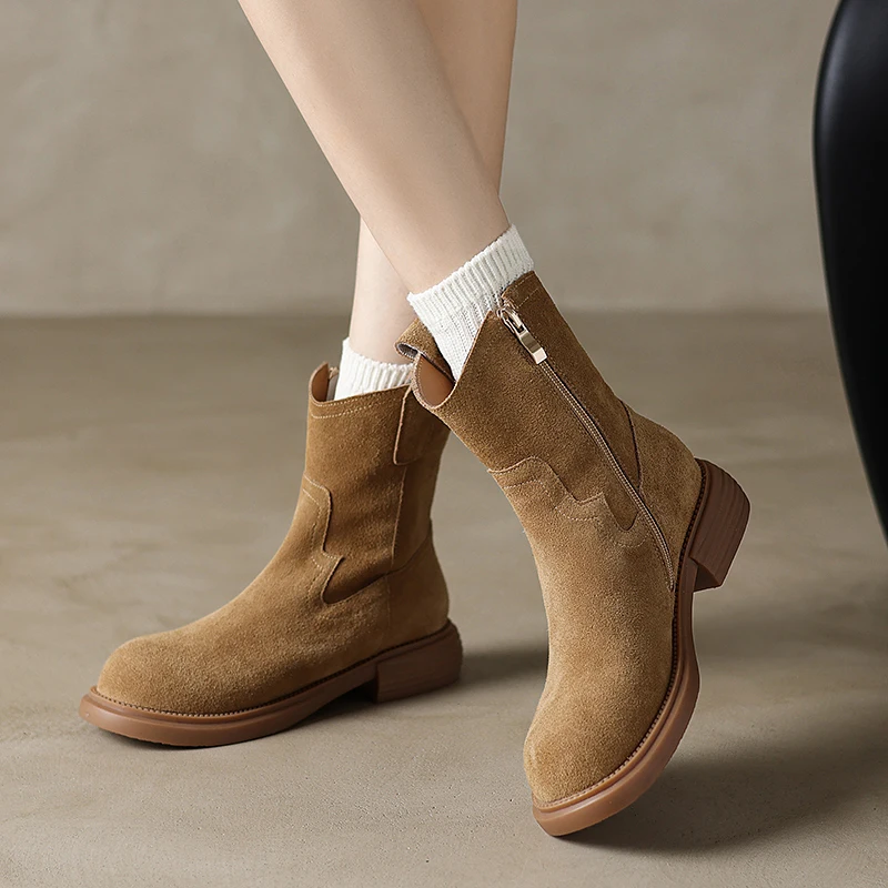 NEW Autumn Women Boots Cow Suede Leather Shoes for Women Round Toe Chunky Heel Short Boots Casual Zipper Platform Chelsea Boots