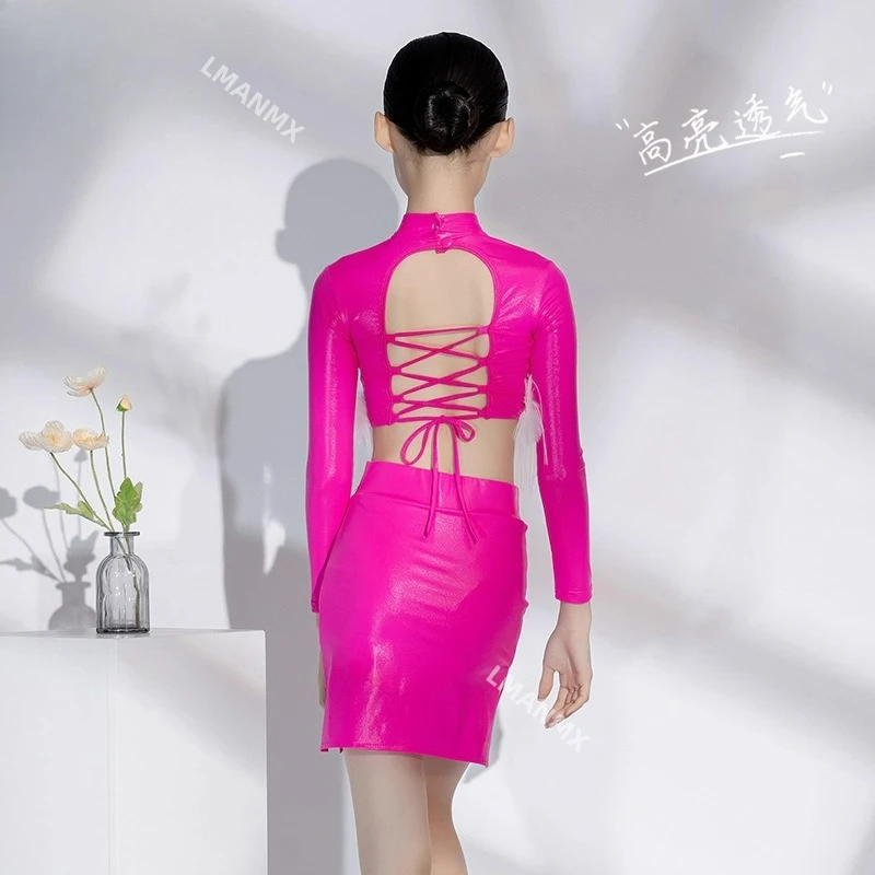 2025年春夏新作 ラテンダンスドレス 子供用 ローズレッド ダンスドレス パフォーマンスドレス