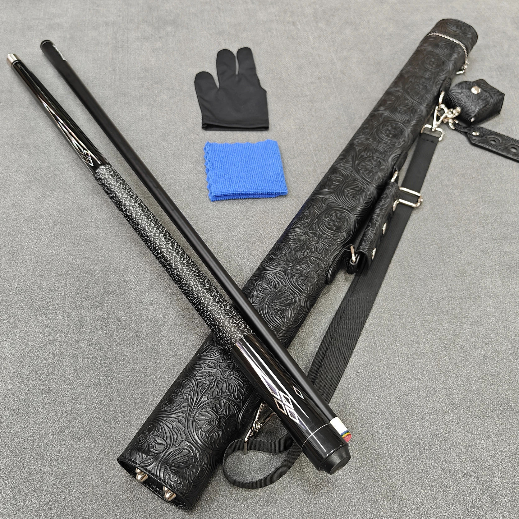 58in High-Tech Pool Cue Set, 10.5/11.5/12.5mm Tips Optional, Wrapped Grip, Glossy Water Transfer Print, Black Pattern Cue Bucket