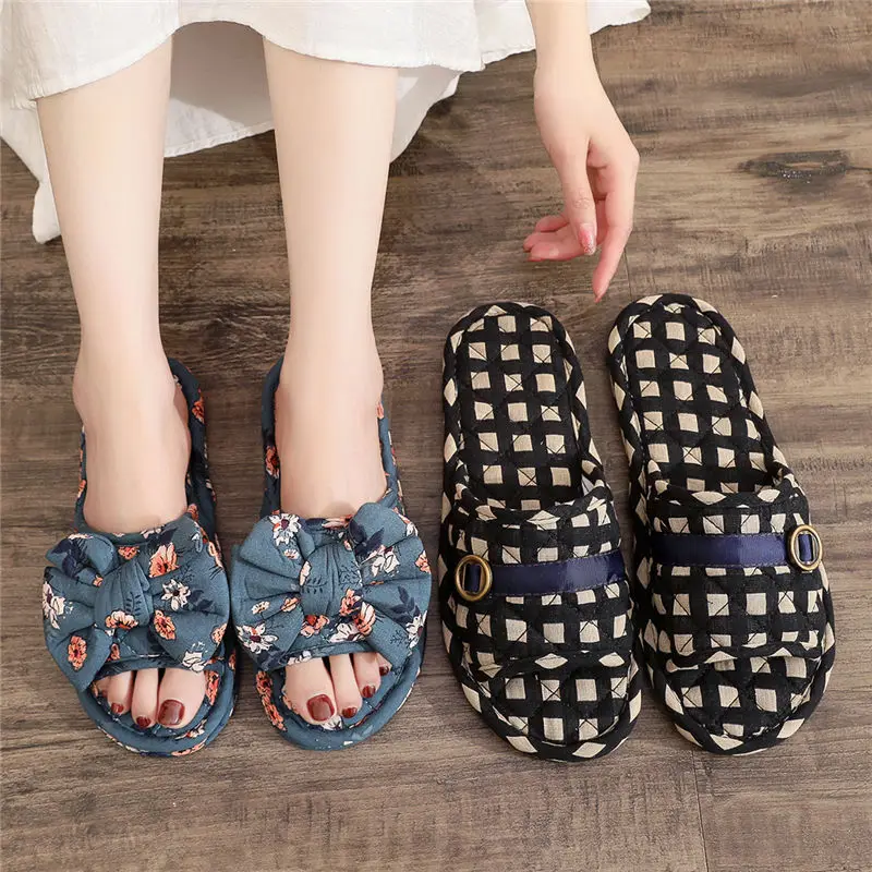 Summer Silent Fabric Bottom Slippers Indoor Home Use Pure Cotton Fabric Bow Tie Female Soft Sole Lightweight Four Seasons Male