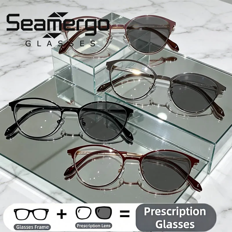 

SEAMERGO Elegant Photochromic Eyeglasses Half Frame Women's Customized Reading Glasses Men Oval HD Lenses Prescription Glasses
