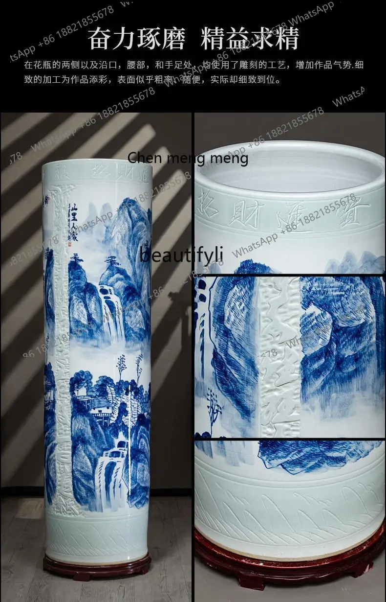 Jingdezhen Ceramic Vase Blue and White Porcelain Living Room Floor Chinese Decoration Decoration 1 M Straight