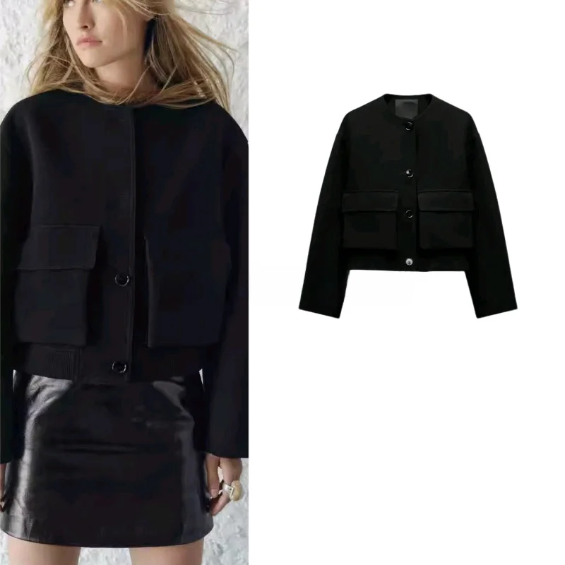 

New Autumn Women's Pilot Jaet Coat round Ne Long Sve Large ket Decorative Breathable ort Outerwear Ladies Faion