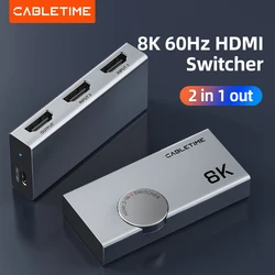 CABLETIME HDMI Splitter 8K 60Hz  4K 120Hz 2 in 1 Switcher 3D Vision Aluminum Knob Design Adapter for Laptop Macbook Lenovo C457