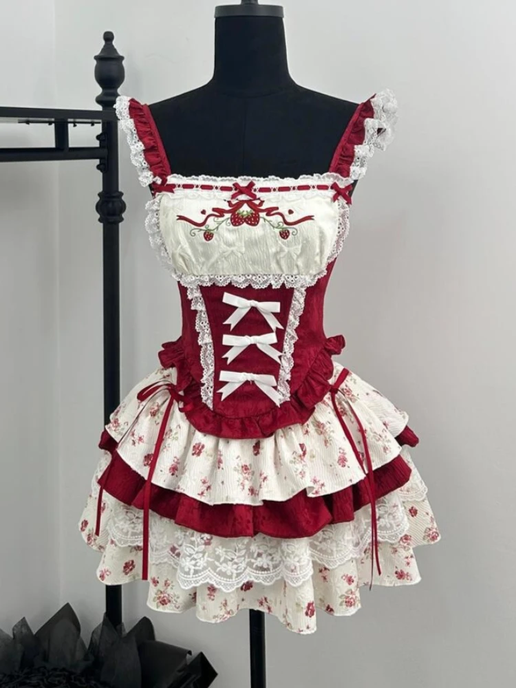 

Японская милая юбка с цветочным принтом, комплект из 2 предметов, женские кружевные укороченные топы Y2k + милая мини-юбка с бантом, летние лоскутные наряды, новинка 2023 года