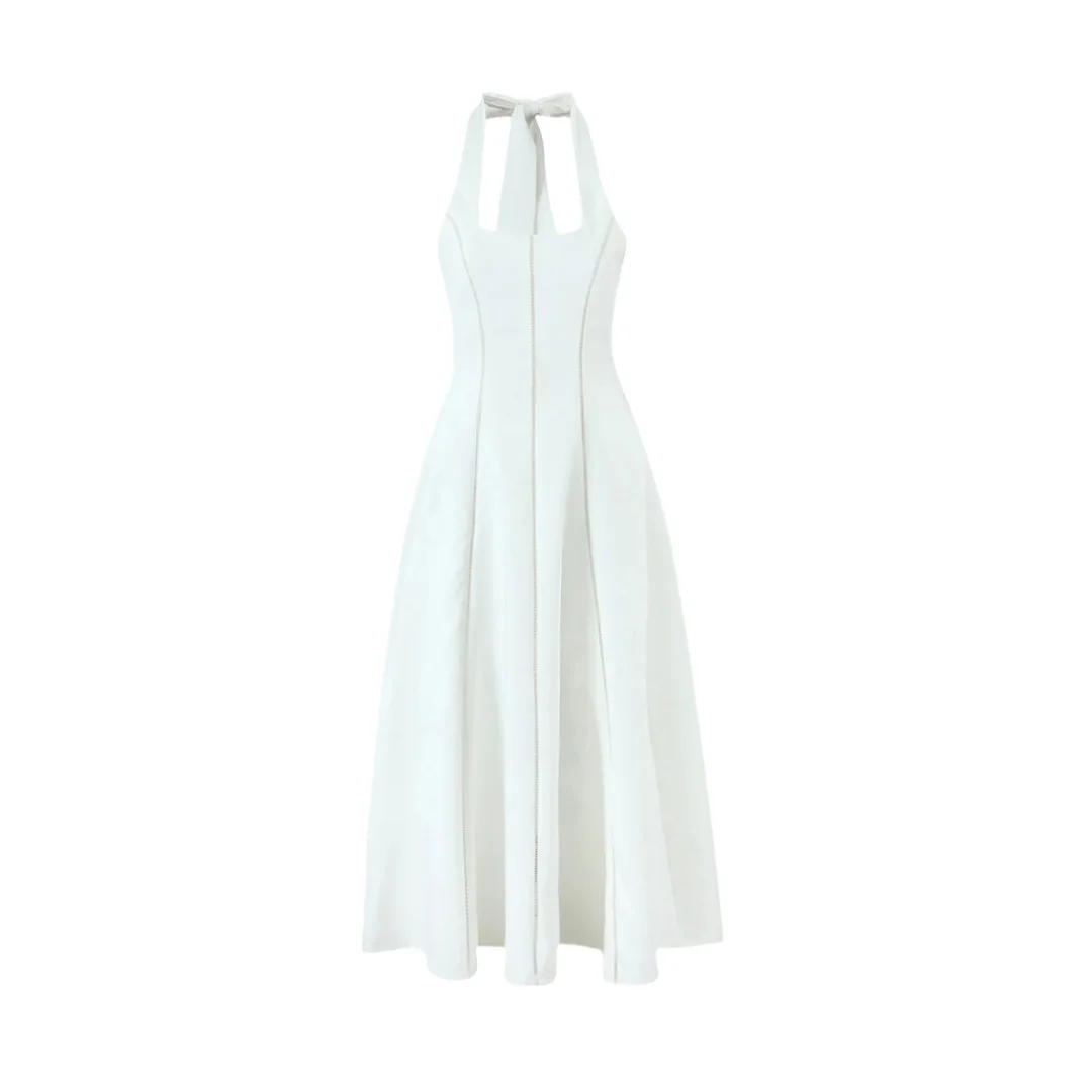 

Women Sleeveless Loulou Ivory Halter Neck Midi Dress