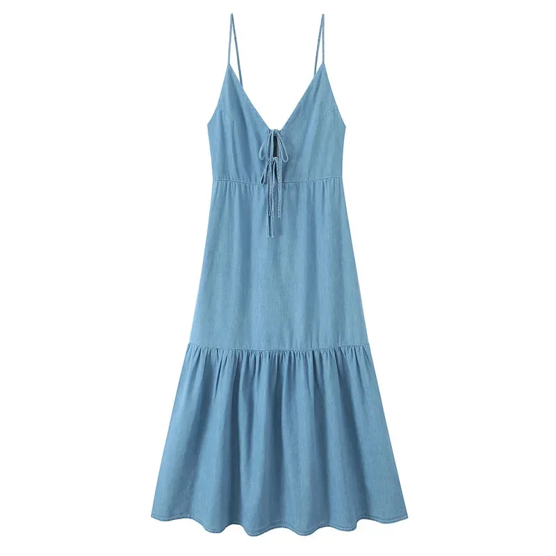 Robe caraco en jean bleu clair pour femmes, Sexy, avec cravate sur le devant, découpe au dos, ourlet à volants, pour l'été, la plage, les vacances, la mode