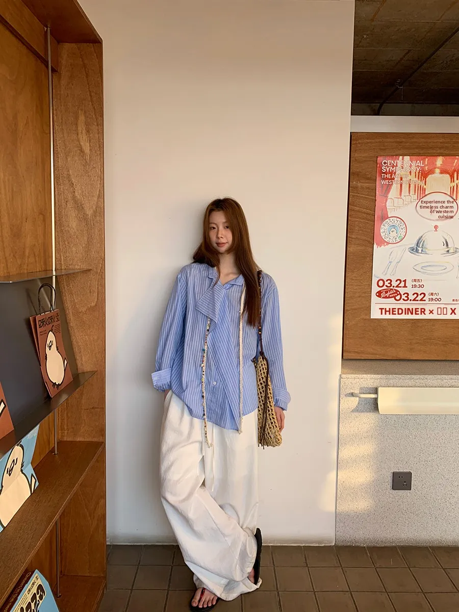 

Loose Women's Summer irt Sun Protection Blue Stripes Top Lazy Sle Cotton Long Sve Collar Button down Casual Outer...