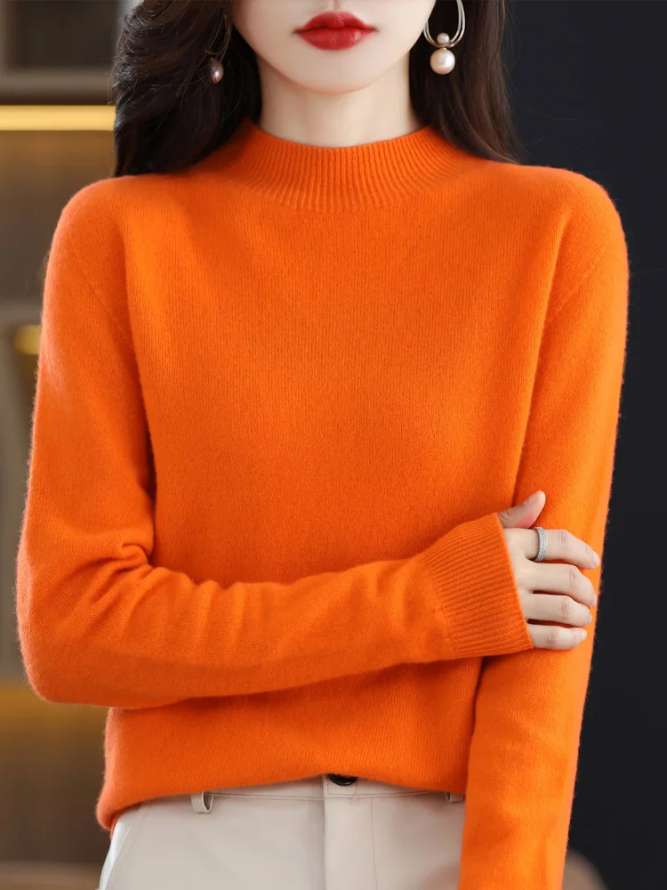 100% Merino Wool Women Sweater Mock NeckPullover Autumn Winter Basic Knitwear Tops Solid Color Regular Female  Clothing