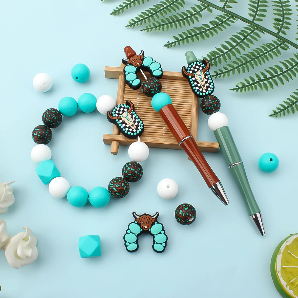 30Pcs/Set Turquoise Cowboy Silicone Bead Set Assorted Shapes Focal Beads for DIY Pens Keychains Bracelets Craft Kit Essentials