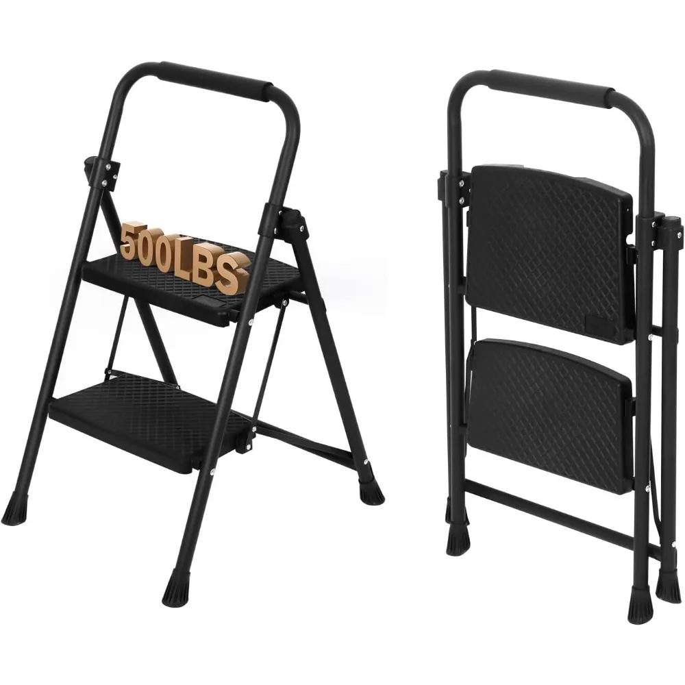 2-Step Folding Step Stool for Adults, 500lbs Capacity, Portable Steel with Anti-Slip Pedals for Kitchen & Household