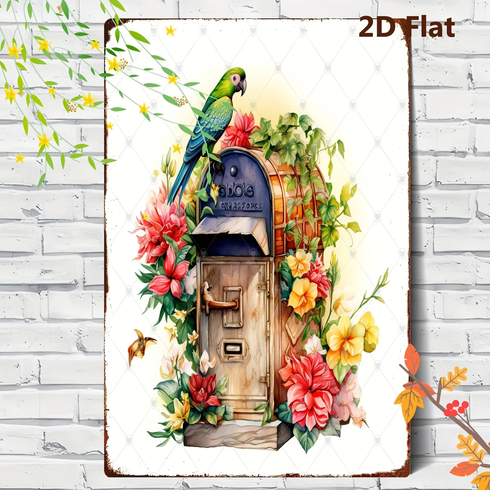 Vintage Parrot Flower Mailbox Tin Sign 8x12in Metal Wall Plaque for Bar Cafe Home Decor