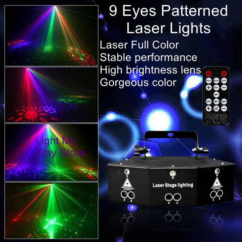 Lumières laser à neuf yeux, lumières de scène, barre, flash KTV, bunduextrêmes rotative colorée, lumières d'ambiance étoile de Noël