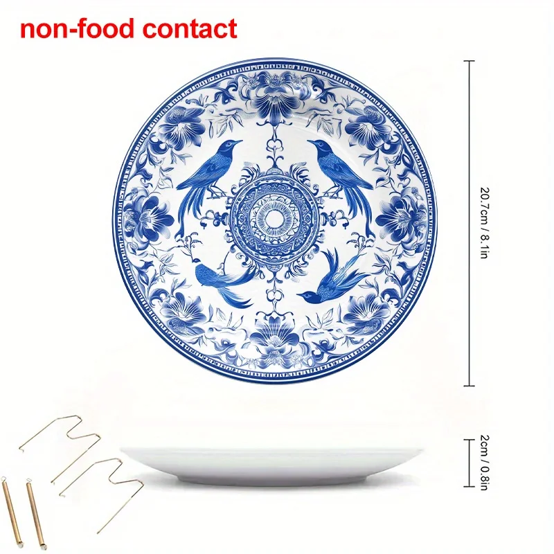 1pc 8-Inch Round Blue and White Porcelain Decorative Plate, Vintage Bird & Flower Pattern Wall Hanging Art Tray – Perfect for