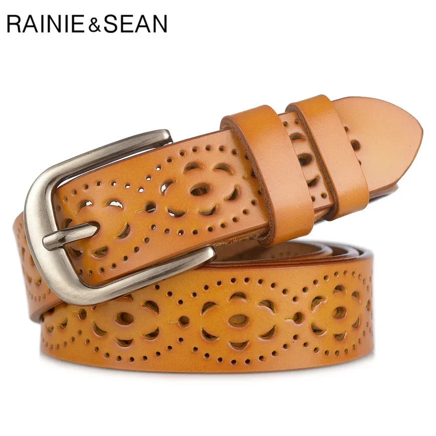 RAINIE SEAN White Belt for Jeans Women Pin Buckle Belt Real Cow Leather Hollow Out Deco Orange Ladies Leather Trouser Belt Holes