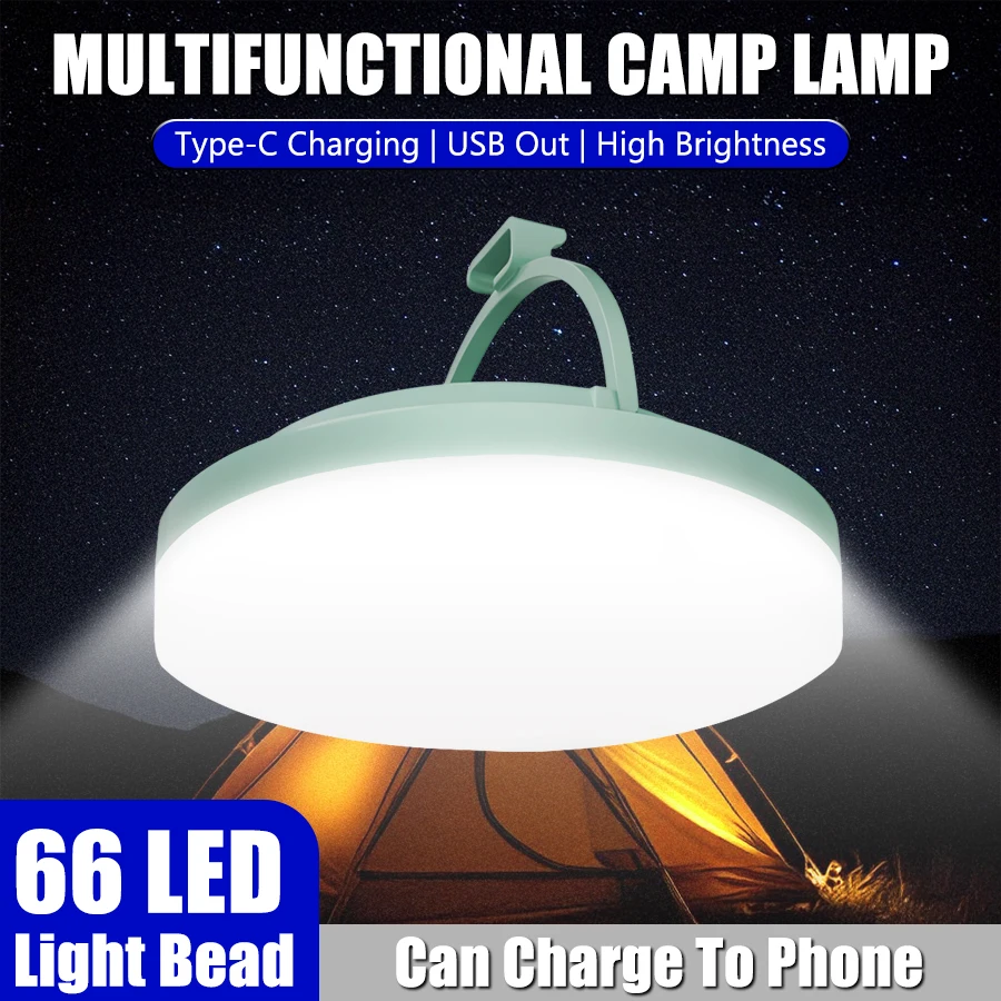 Luz LED recargable para acampar, linterna portátil con gancho magnético, tipo C, banco de energía, brillo ajustable, exterior, emergencia, senderismo