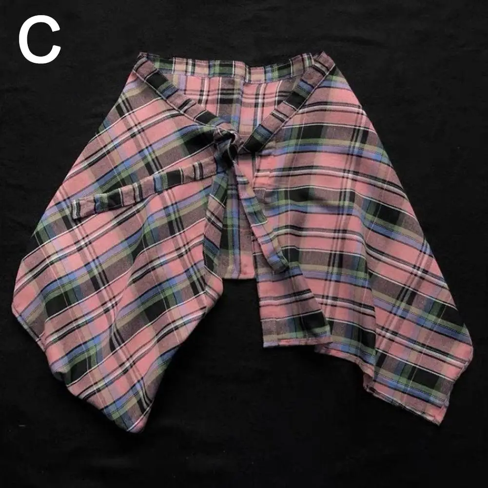Lässiger Unisex-Rock mit unregelmäßigem Karomuster, Schleifenknoten, elastischer Taille, Hemdstil, blau-weißes Gittermuster, Mini-A-Linien-Kurzrock – Detail 17