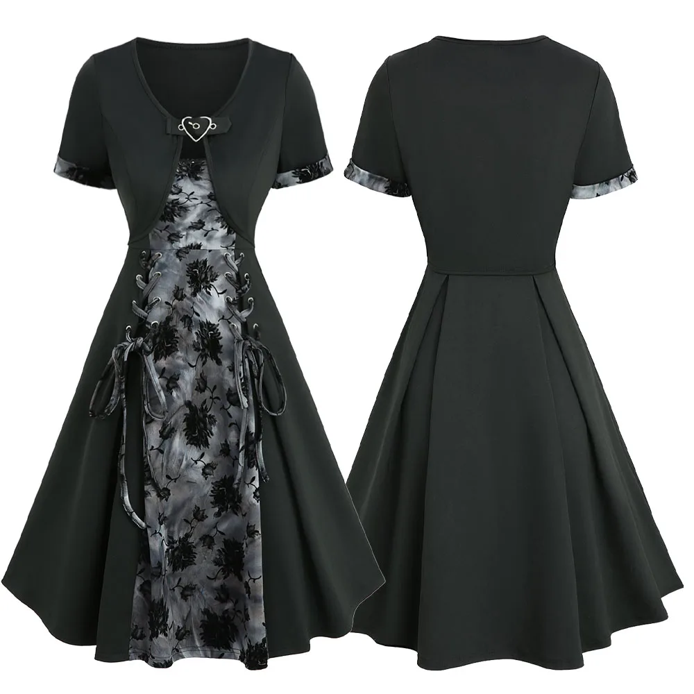 Floral Flocking Tie Dye Lace Up Dress and Heart Buckle Cropped Top Set 2026 Women Spring Summer Dresses Vestidos