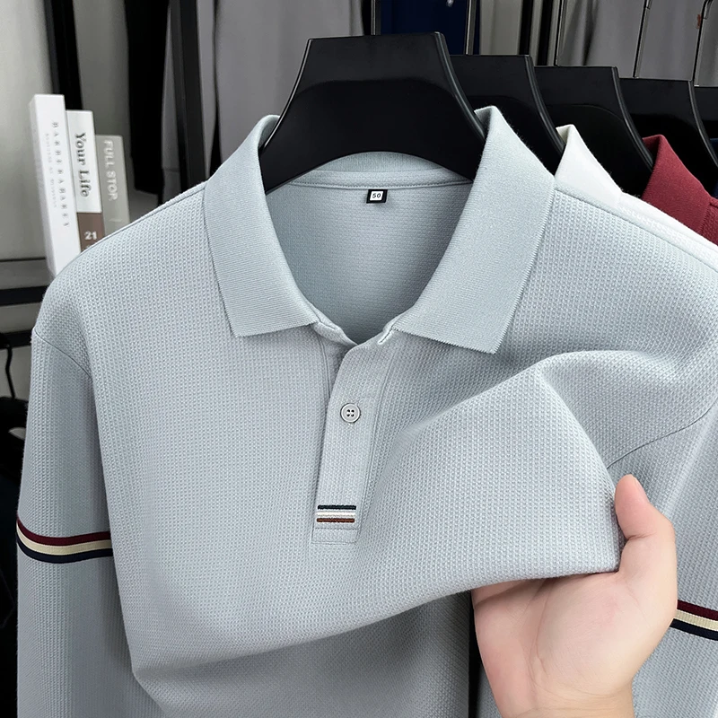 

Высококачественная мужская рубашка-поло с лацканами и длинным рукавом, осенняя новая минималистичная дышащая модная деловая мужская одежда с вышивкой