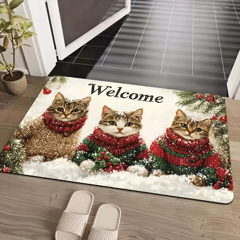 VIKAMA 3-katten kerst antislip deurmat - polyester PVC achterkant wasbaar tapijt, feestelijke woondecoratie in meerdere kamers