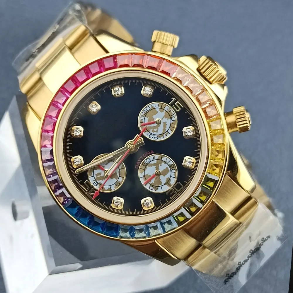 40mm VK63 movement 10barfa water case 316L Stainless steel sapphire glass case Colored diamond bezel close back cover