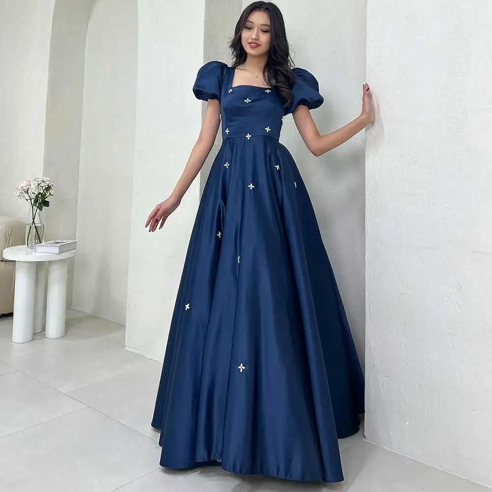 

Customized Satin Square Neck Evening Gown A-Line Short Sleeved Pleated With Crystal Women‘s Beautiful Prom Party Dresses فساتين