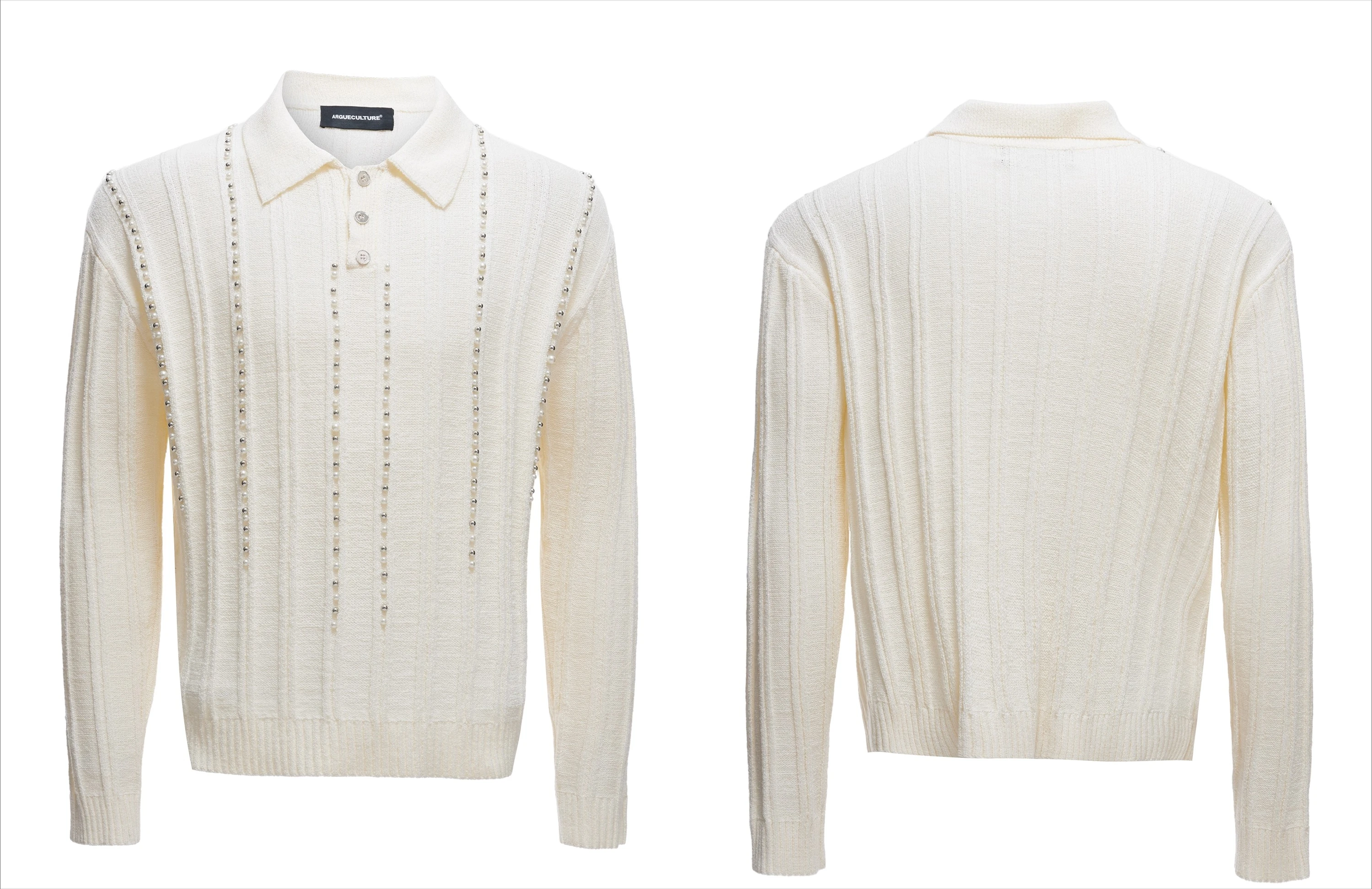 Men's 2025 Autumn New Trendy Elegant Pearl Decorated Knitted Polo Shirts Vertical Stripes Slim Fit Long Sleeve Chic Knitted Tops